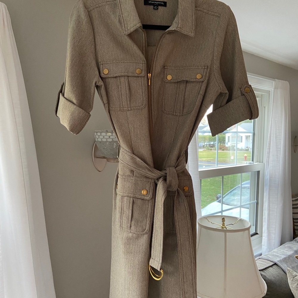 Sharagano Belted Front Zip Utility Shirt Dress